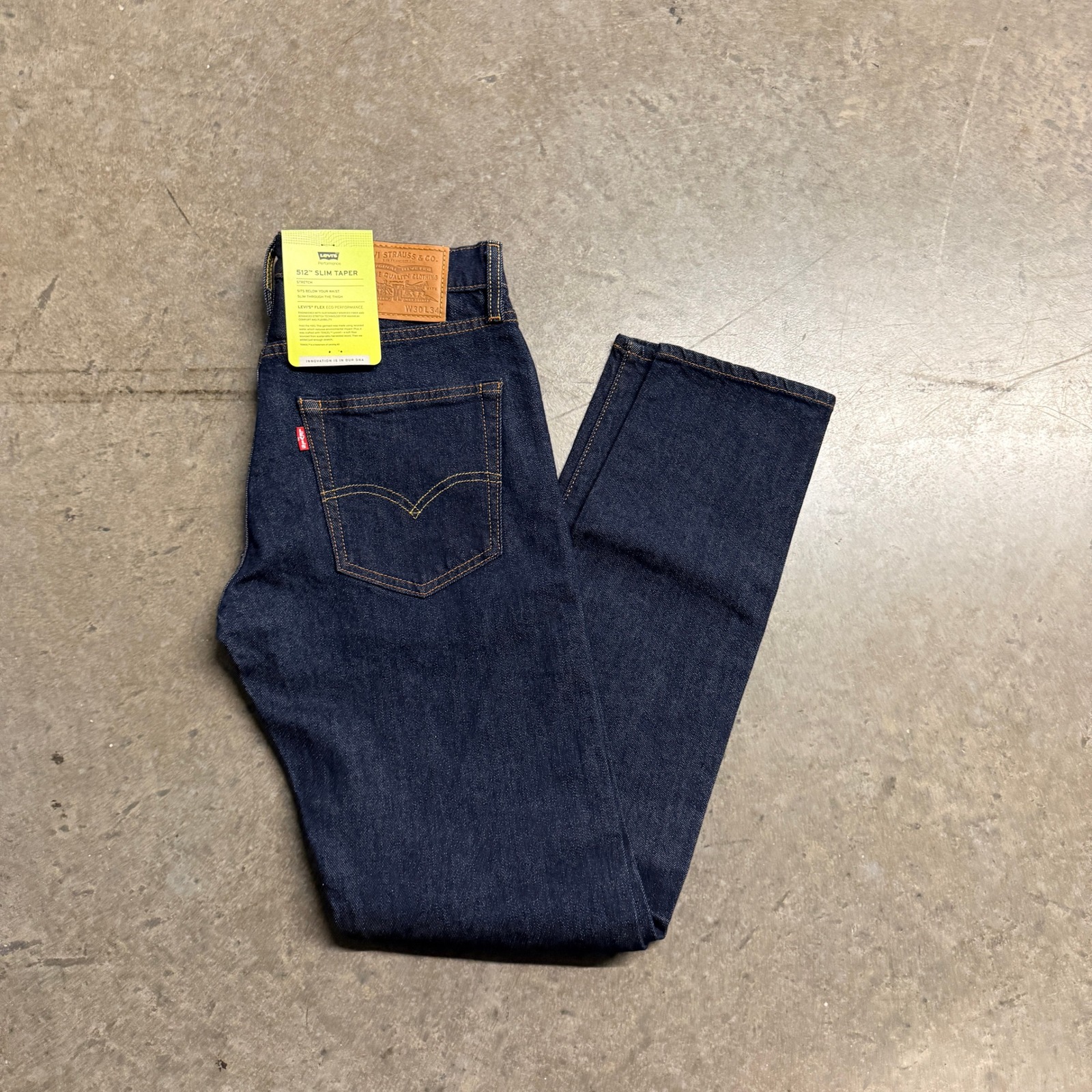 Levis 512 Slim Taper Mens Jeans 30x34 Dark Indigo Flex Eco Performance Big E